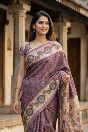 Dusty Rose Kalamkari Print Semi Tussar Silk Saree 10077261