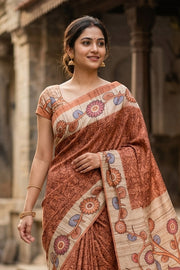 Copper Brown Kalamkari Print Semi Tussar Silk Saree 10077260