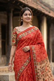 Red Bandhani Print Semi Linen Saree 10077257