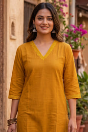 Yellow Handcrafted Solid Style Embroidered Cotton Kurta 10077411