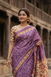 Purple Bandhani Print Semi Linen Saree 10077259
