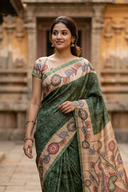 Green Kalamkari Print Semi Tussar Silk Saree 10077262