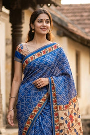Blue Bandhani Print Semi Linen Saree 10077256