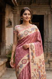 Pink Kalamkari Printed Semi Tussar Silk Saree 10077263
