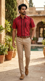 Cherry Red Half Sleeve Bagh Printed Cotton Men Shirt 10076855