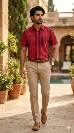 Cherry Red Half Sleeve Bagh Printed Cotton Men Shirt 10076855