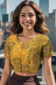 Yellow Ajrakh Printed Cotton Blouse 10073369