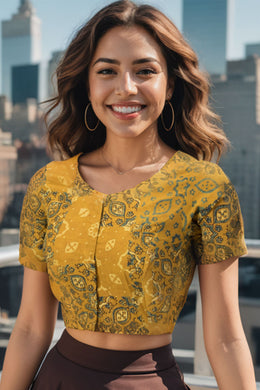 Yellow Ajrakh Printed Cotton Blouse 10073369