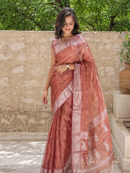 Copper Brown Banarasi Crushed Tissue Organza Saree 10068213
