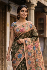 Dark Green Printed Semi Tussar Silk Saree 10077254