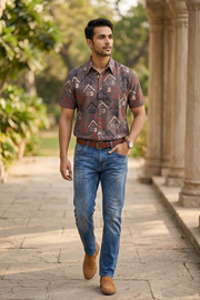 Brown Half Sleeve Ajrakh Printed Cotton Mens Shirt 10073049