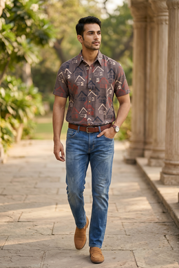 Brown Half Sleeve Ajrakh Printed Cotton Mens Shirt 10073049