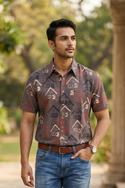 Brown Half Sleeve Ajrakh Printed Cotton Mens Shirt 10073049