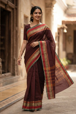 Dark Brown Handloom Chettinad Cotton Saree Without Blouse 10077296