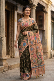 Dark Green Printed Semi Tussar Silk Saree 10077254