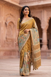 Beige Printed Semi Tussar Silk Saree 10077986