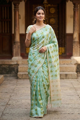 Blue Floral Motifs Chanderi Printed Silk Cotton Saree 10077375