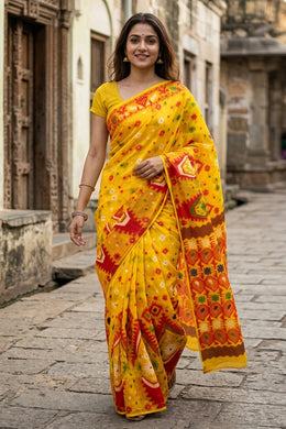 Bright Yellow Handloom Jamdani Cotton Saree 10077531