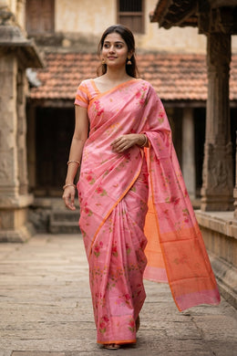 Pink Chanderi Printed Silk Cotton Saree With Floral Motifs 10077379