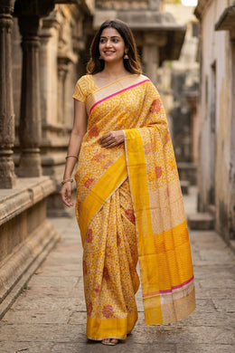 Gold Yellow Chanderi Printed Silk Cotton Saree 10077358