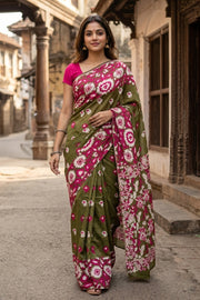 Olive Green Handloom Jamdani Cotton Saree 10077535