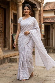 White Handloom Jamdani Style Cotton Saree with Blouse 10074215
