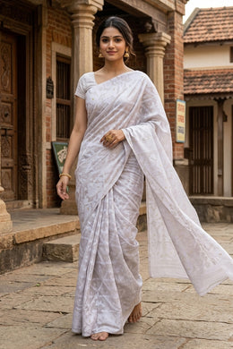 White Handloom Jamdani Style Cotton Saree with Blouse 10074215