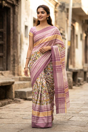 Pink Printed Maheshwari Silk Cotton Saree 10077558