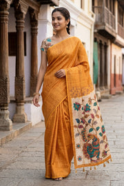 Yellow Kalamkari Printed Semi linen Saree 10077245