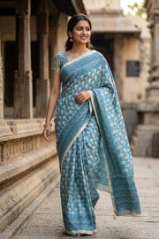 Teal Green Printed Semi Tussar Silk Saree 10077248
