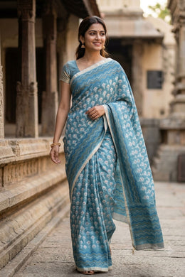 Teal Green Printed Semi Tussar Silk Saree 10077248
