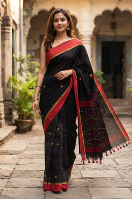 Black Bengal Handwoven Linen Cotton Saree 10077693