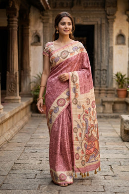Pink Kalamkari Printed Semi Tussar Silk Saree 10077263