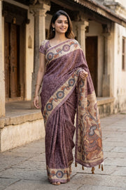 Dusty Rose Kalamkari Print Semi Tussar Silk Saree 10077261