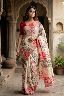 Cream Handloom Jamdani Cotton Saree With Floral Motifs 10077543