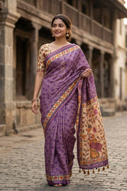 Purple Bandhani Print Semi Linen Saree 10077259