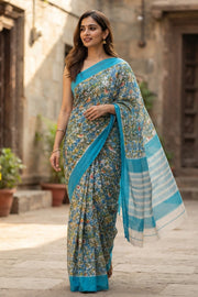 Blue Printed Maheshwari Silk Cotton Saree 10077557