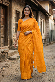 Yellow Handloom Jamdani Style Cotton Saree with Blouse 10074214