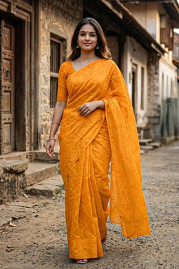 Yellow Handloom Jamdani Style Cotton Saree with Blouse 10074214
