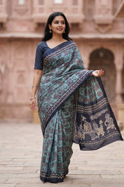 Green Printed Semi Linen Saree 10077982