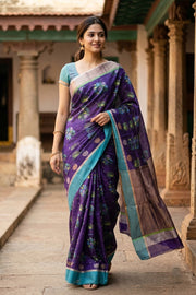 Blue Floral Motifs Chanderi Printed Silk Cotton Saree 10077356