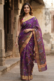 Purple Chanderi Printed Silk Cotton Saree 10077361