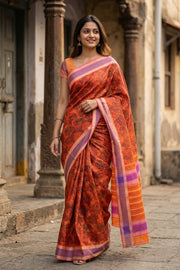 Orange Maheshwari Silk Cotton Saree 10077554