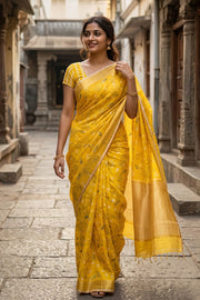 Lime Yellow Chanderi Printed Silk Cotton Saree 10077382