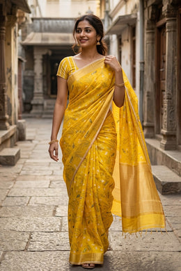 Lime Yellow Chanderi Printed Silk Cotton Saree 10077382