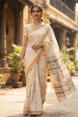 Beige Bengal Handwoven Cotton Saree 10077702