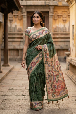 Green Kalamkari Print Semi Tussar Silk Saree 10077262