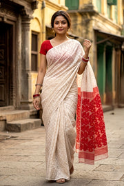 White Handloom Jamdani Cotton Saree with Floral Motifs 10077534