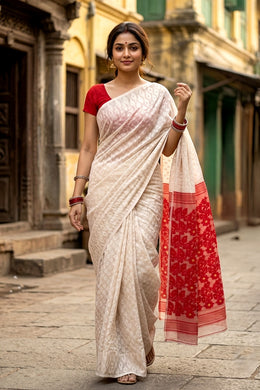 White Handloom Jamdani Cotton Saree with Floral Motifs 10077534