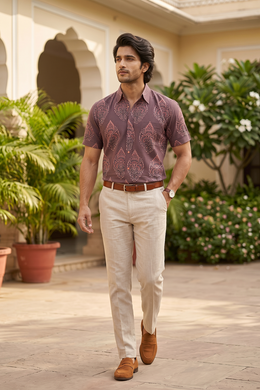 Brown Half Sleeve Ajrakh Printed Cotton Mens Shirt 10073053